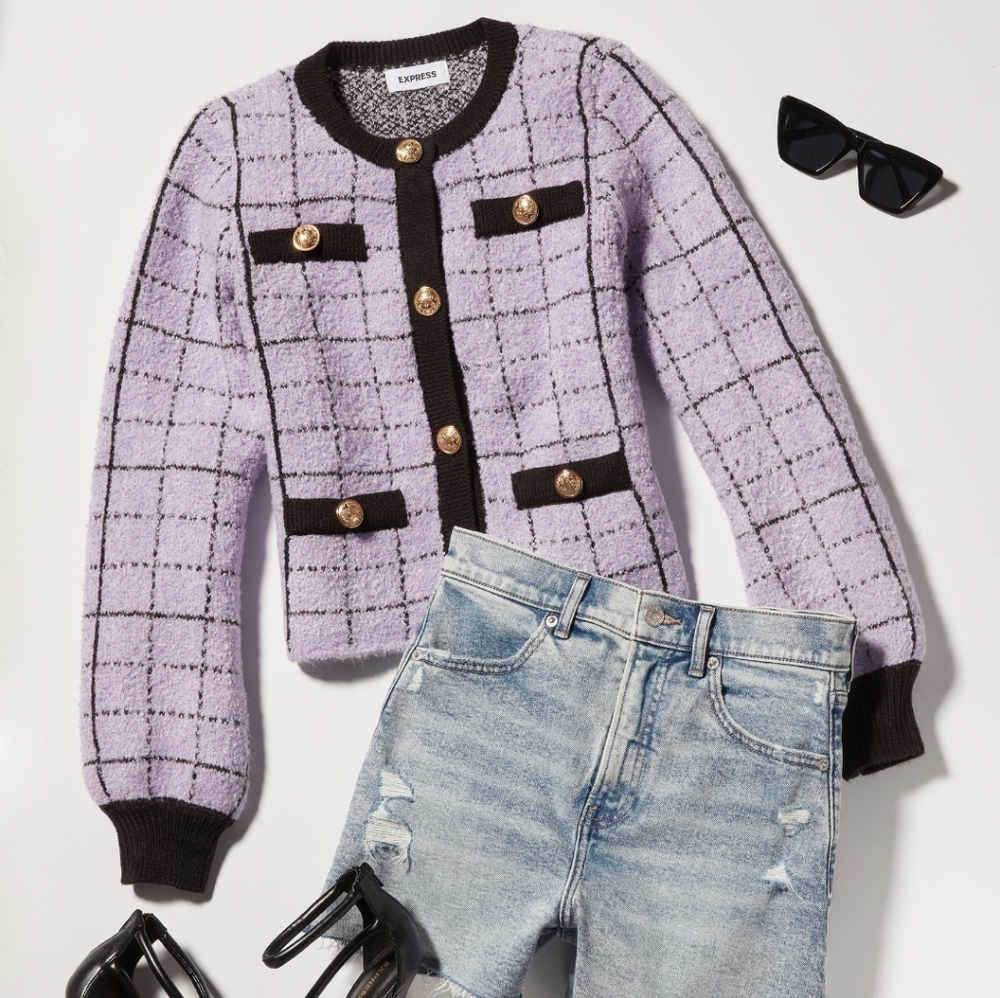 Express Lavender Checkered Cardigan with Gold Accents Xs